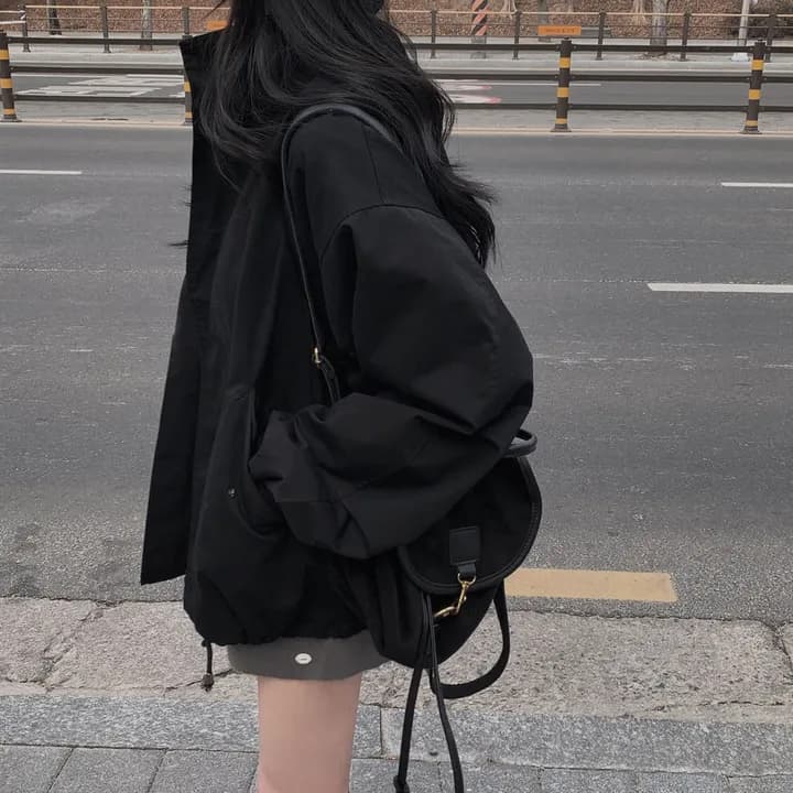 chic 한국 가을 레트로 폴로 칼라 캐주얼 워크웨어 지퍼 어둠 버클 펌프 로프 허리 수축 바람막이 재킷 재킷 상세 이미지 16