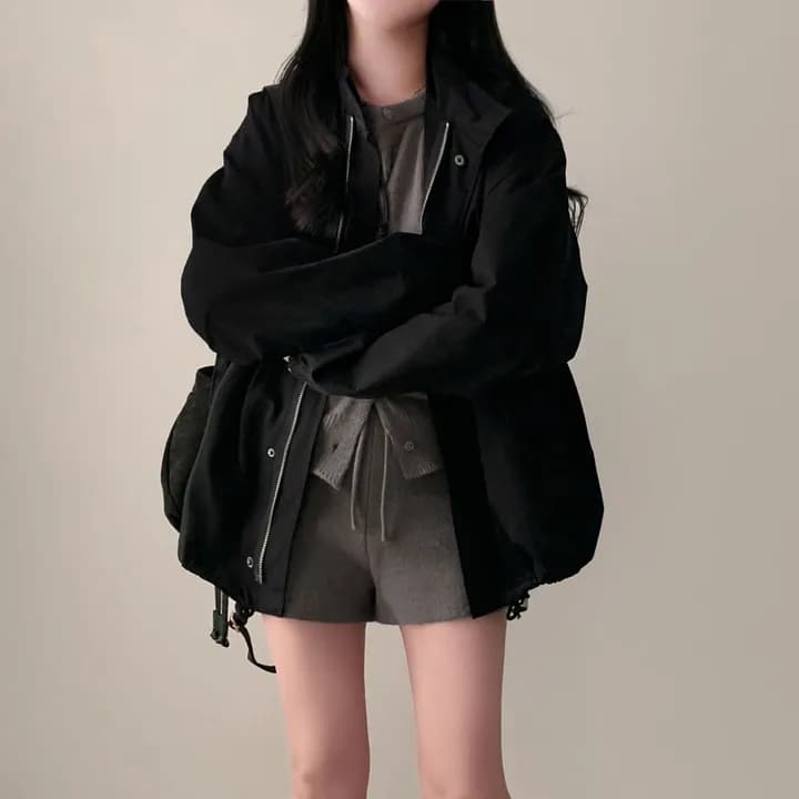 chic 한국 가을 레트로 폴로 칼라 캐주얼 워크웨어 지퍼 어둠 버클 펌프 로프 허리 수축 바람막이 재킷 재킷 상세 이미지 18