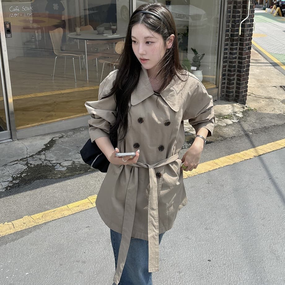 chic 한국 가을 영국식 이중 버튼 패션 느긋한 레이스업 허리 수축 루즈핏 캐주얼 다용도 재킷 재킷 이미지 2
