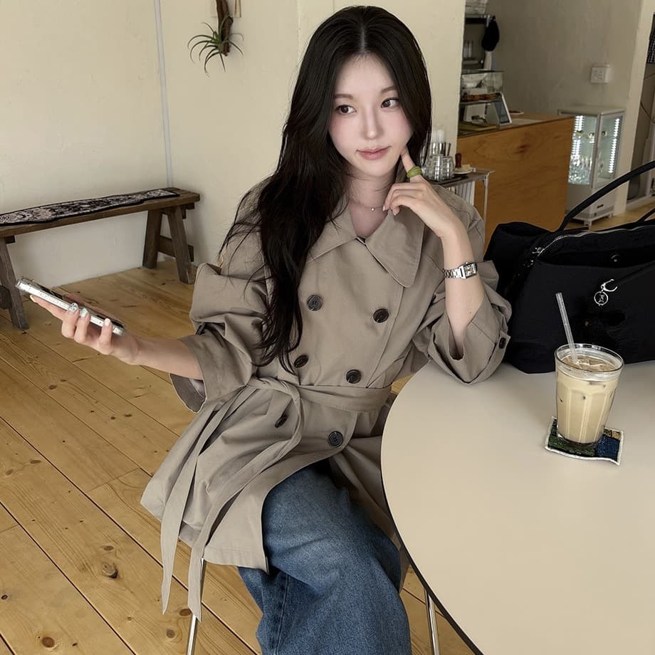 chic 한국 가을 영국식 이중 버튼 패션 느긋한 레이스업 허리 수축 루즈핏 캐주얼 다용도 재킷 재킷 이미지 4