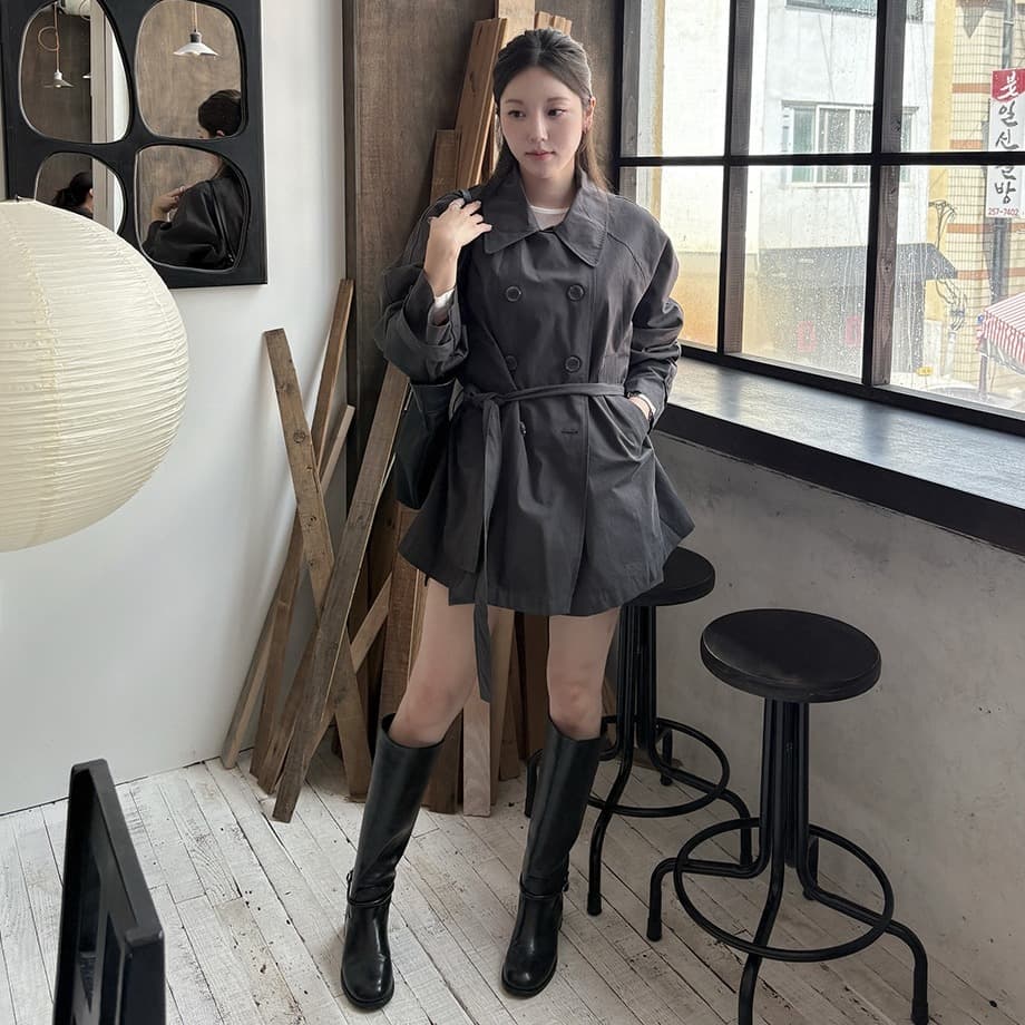 chic 한국 가을 영국식 이중 버튼 패션 느긋한 레이스업 허리 수축 루즈핏 캐주얼 다용도 재킷 재킷 이미지 3