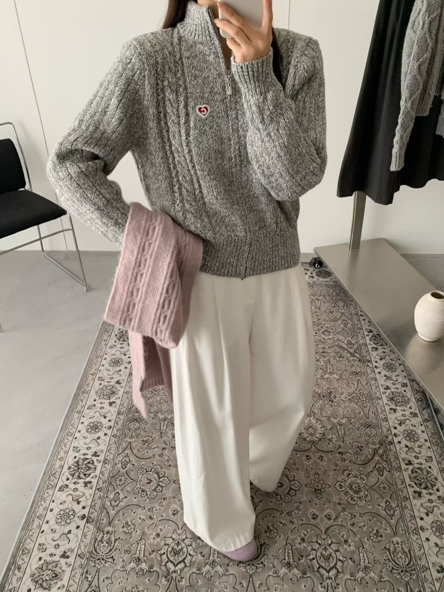 chic 한 부서 가을 겨울 연령 감소 자수 꽈배기 스탠드 칼라 지퍼 루즈핏 느긋한 쇼트 스타일 니트 스웨터 스웨터 코트 상세 이미지 13
