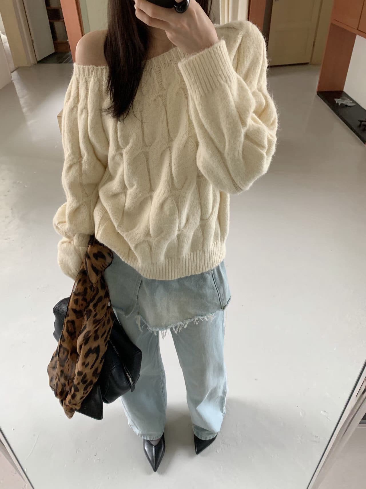 chic 한 부서 가을 겨울 새로운 패션 비스듬한 어깨 꽈배기 느긋한 캐주얼 풀오버 니트 스웨터 맨위 상세 이미지 6