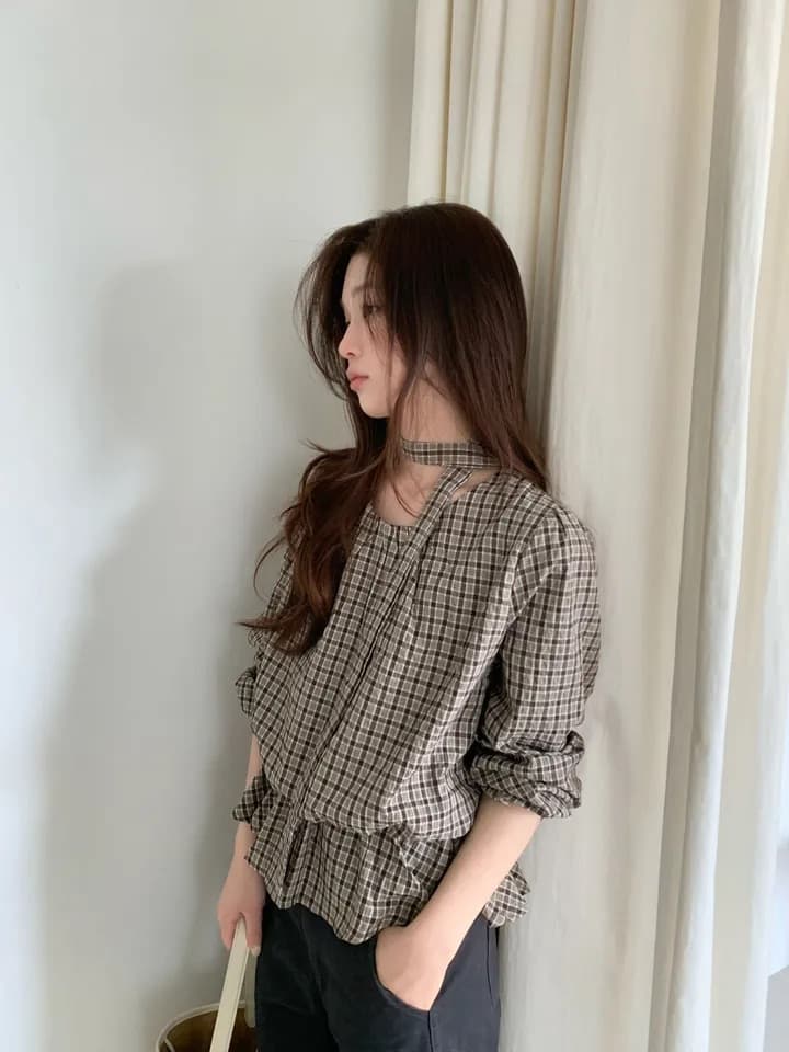 chic 한 부서 가을 레트로 부드러운 품격 퍼프 셔츠 허리 수축 레이스업 거품 소매 체크무늬 셔츠 맨위 상세 이미지 1