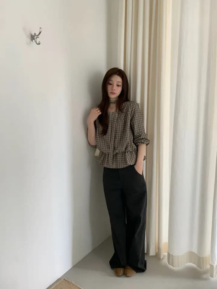 chic 한 부서 가을 레트로 부드러운 품격 퍼프 셔츠 허리 수축 레이스업 거품 소매 체크무늬 셔츠 맨위 상세 이미지 2
