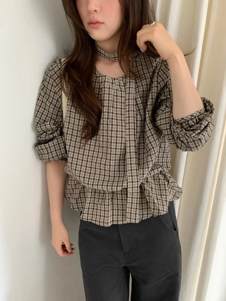 chic 한 부서 가을 레트로 부드러운 품격 퍼프 셔츠 허리 수축 레이스업 거품 소매 체크무늬 셔츠 맨위 상세 이미지 3