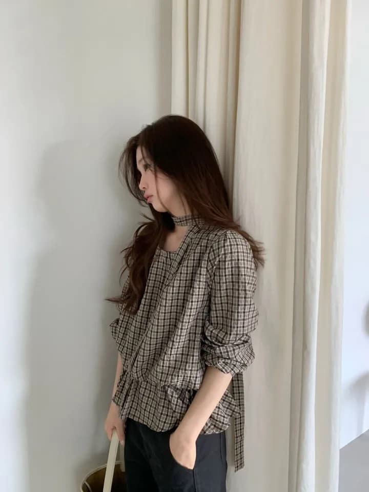 chic 한 부서 가을 레트로 부드러운 품격 퍼프 셔츠 허리 수축 레이스업 거품 소매 체크무늬 셔츠 맨위 상세 이미지 4