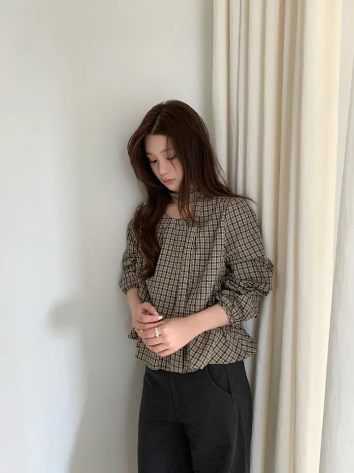 chic 한 부서 가을 레트로 부드러운 품격 퍼프 셔츠 허리 수축 레이스업 거품 소매 체크무늬 셔츠 맨위 상세 이미지 5