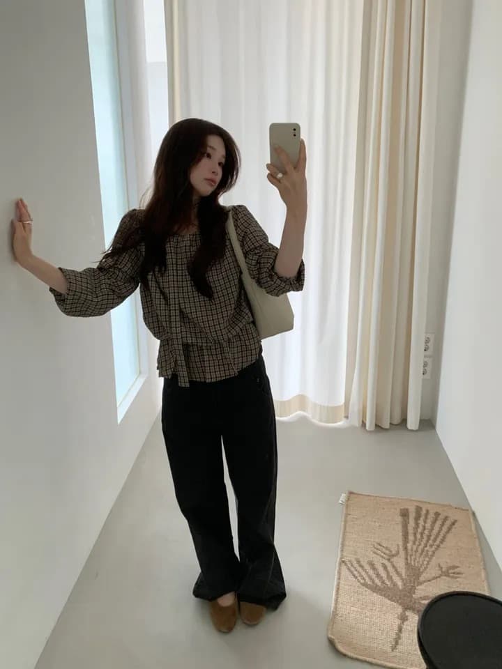 chic 한 부서 가을 레트로 부드러운 품격 퍼프 셔츠 허리 수축 레이스업 거품 소매 체크무늬 셔츠 맨위 상세 이미지 6