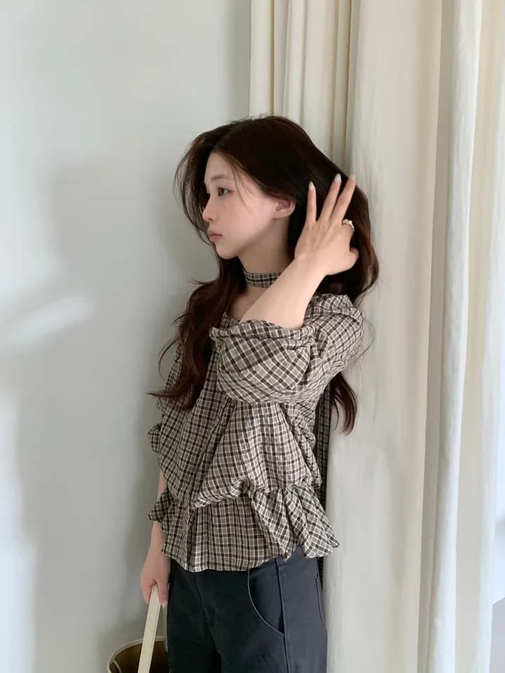 chic 한 부서 가을 레트로 부드러운 품격 퍼프 셔츠 허리 수축 레이스업 거품 소매 체크무늬 셔츠 맨위 상세 이미지 7