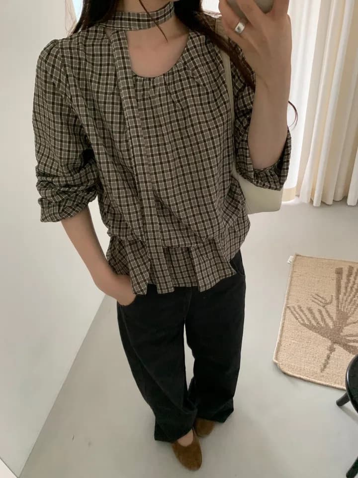 chic 한 부서 가을 레트로 부드러운 품격 퍼프 셔츠 허리 수축 레이스업 거품 소매 체크무늬 셔츠 맨위 상세 이미지 8