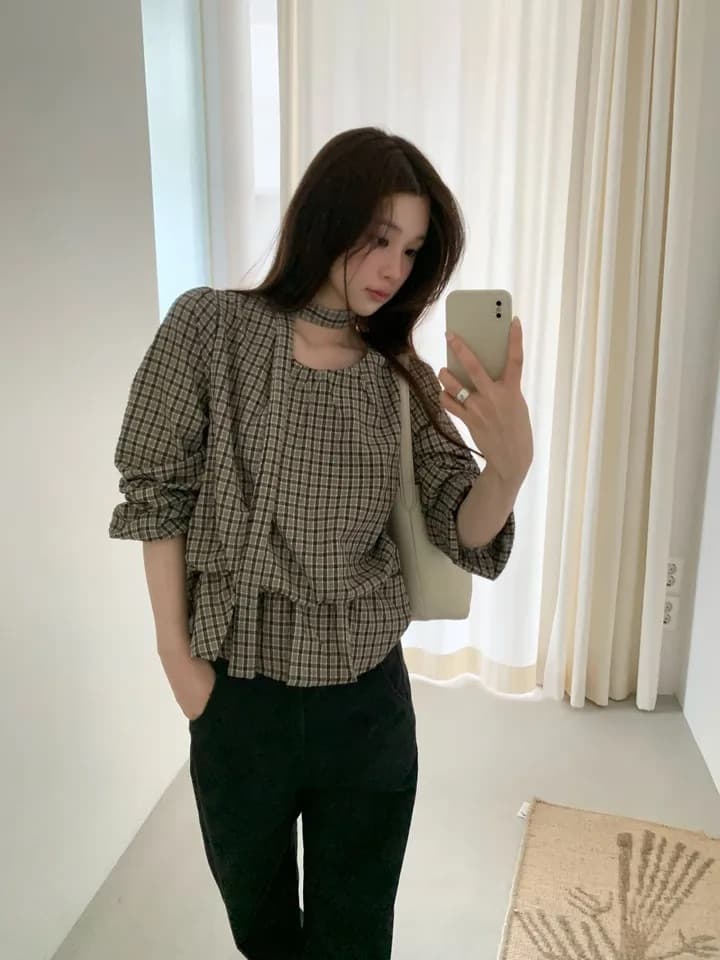 chic 한 부서 가을 레트로 부드러운 품격 퍼프 셔츠 허리 수축 레이스업 거품 소매 체크무늬 셔츠 맨위 상세 이미지 9