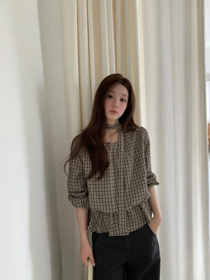 chic 한 부서 가을 레트로 부드러운 품격 퍼프 셔츠 허리 수축 레이스업 거품 소매 체크무늬 셔츠 맨위 상세 이미지 10
