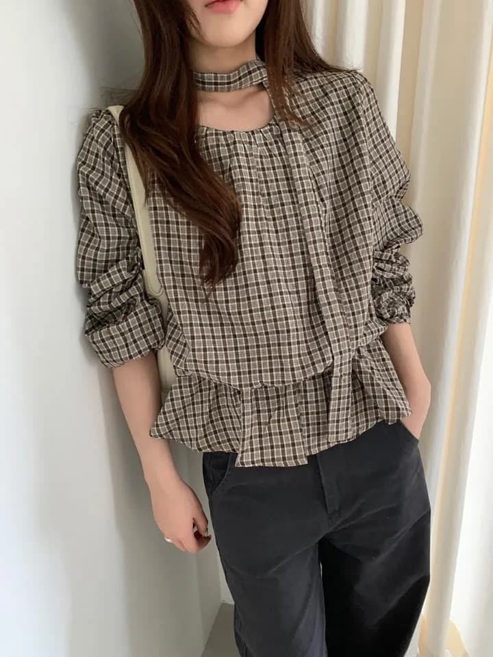 chic 한 부서 가을 레트로 부드러운 품격 퍼프 셔츠 허리 수축 레이스업 거품 소매 체크무늬 셔츠 맨위 상세 이미지 11