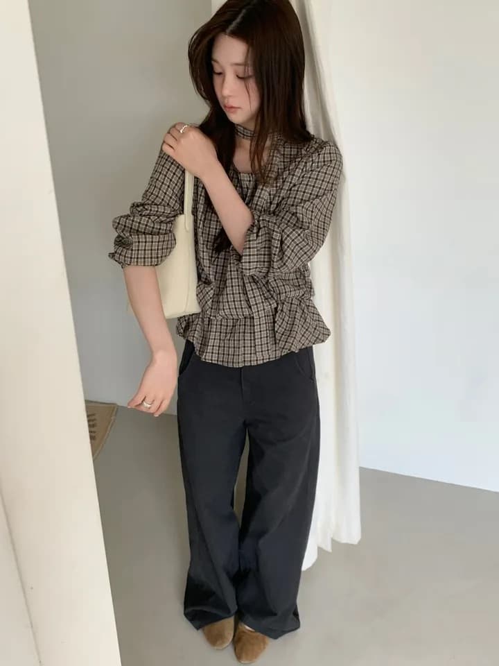 chic 한 부서 가을 레트로 부드러운 품격 퍼프 셔츠 허리 수축 레이스업 거품 소매 체크무늬 셔츠 맨위 상세 이미지 12