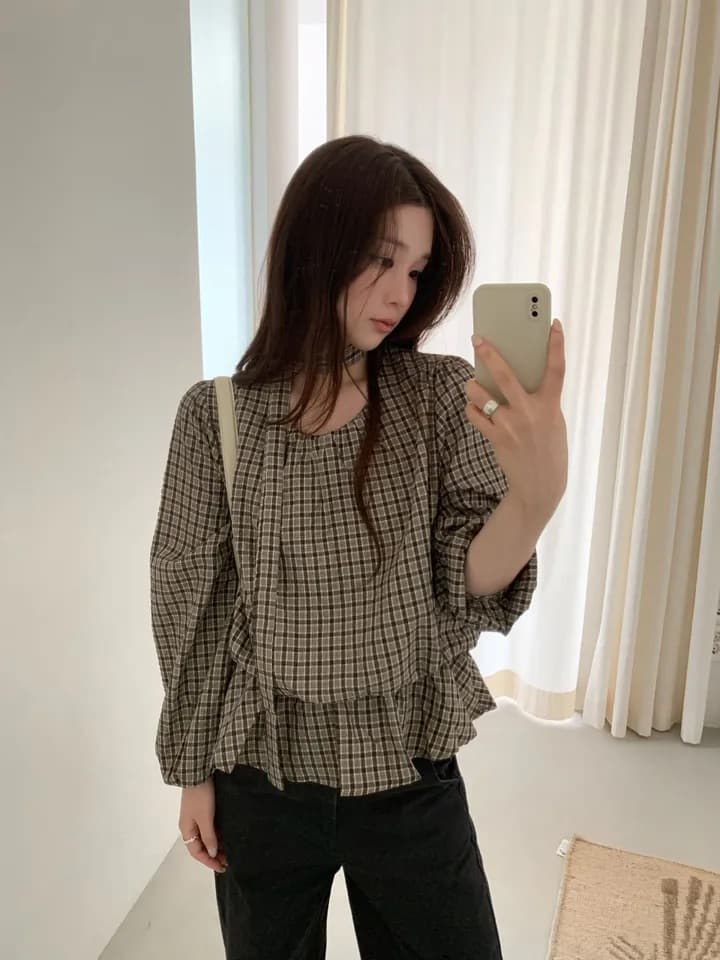 chic 한 부서 가을 레트로 부드러운 품격 퍼프 셔츠 허리 수축 레이스업 거품 소매 체크무늬 셔츠 맨위 상세 이미지 13