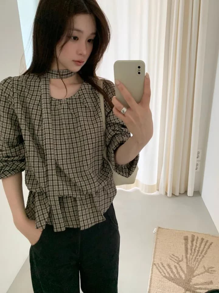 chic 한 부서 가을 레트로 부드러운 품격 퍼프 셔츠 허리 수축 레이스업 거품 소매 체크무늬 셔츠 맨위 상세 이미지 14