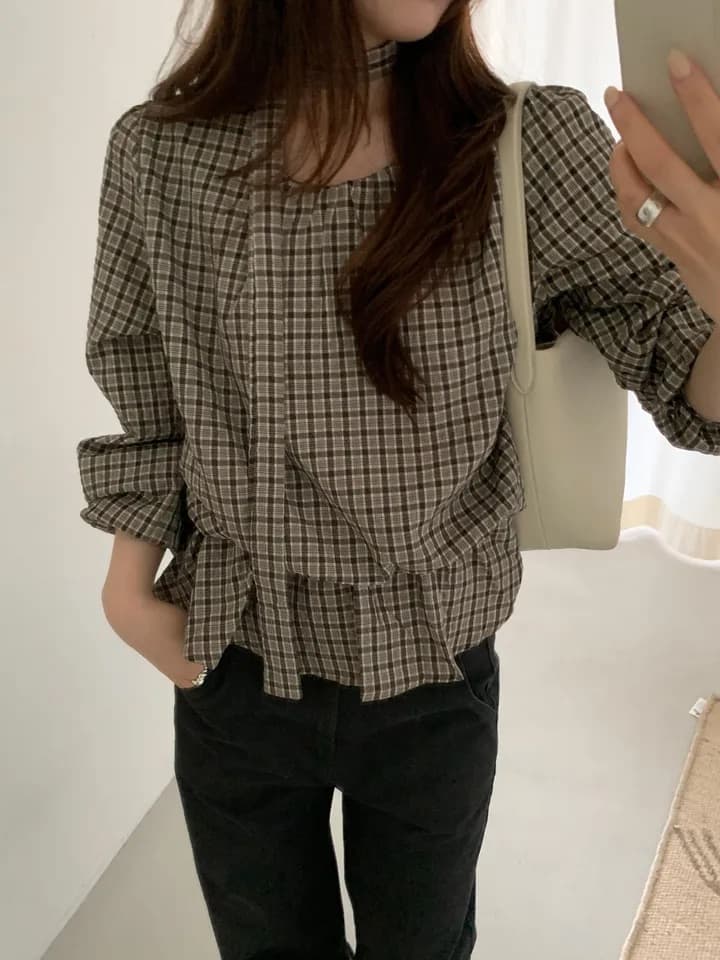 chic 한 부서 가을 레트로 부드러운 품격 퍼프 셔츠 허리 수축 레이스업 거품 소매 체크무늬 셔츠 맨위 상세 이미지 15
