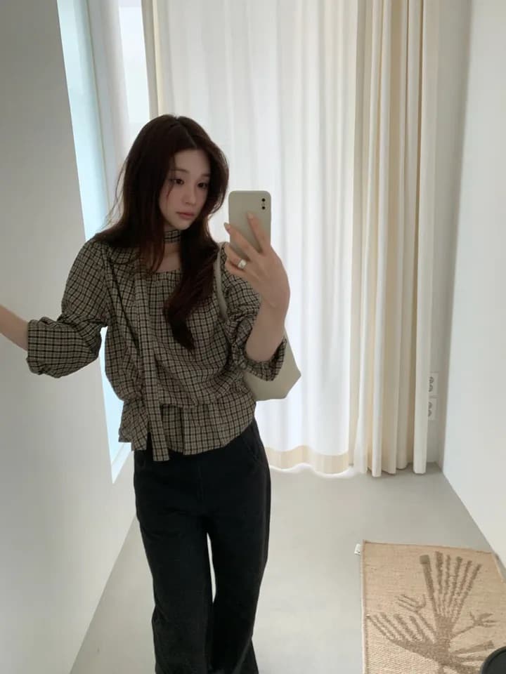 chic 한 부서 가을 레트로 부드러운 품격 퍼프 셔츠 허리 수축 레이스업 거품 소매 체크무늬 셔츠 맨위 상세 이미지 16