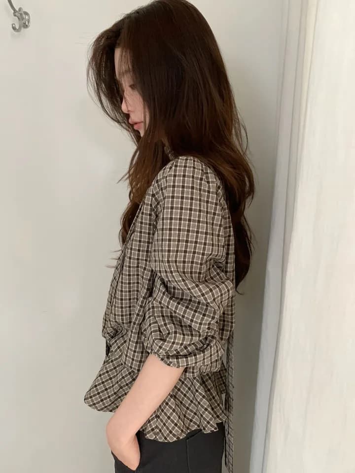 chic 한 부서 가을 레트로 부드러운 품격 퍼프 셔츠 허리 수축 레이스업 거품 소매 체크무늬 셔츠 맨위 상세 이미지 17