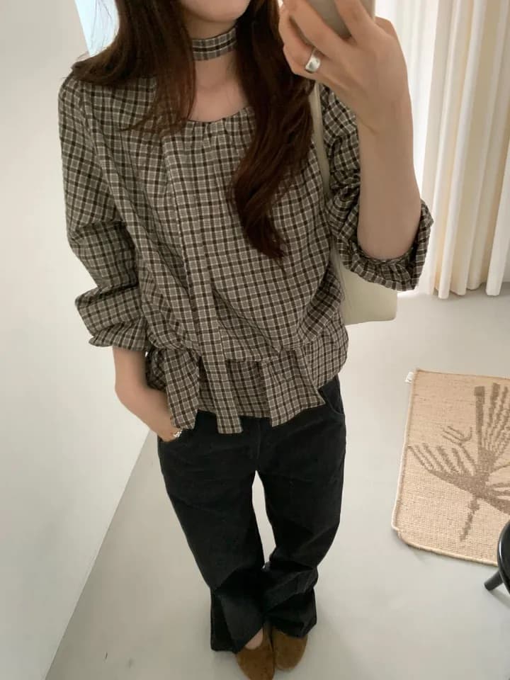 chic 한 부서 가을 레트로 부드러운 품격 퍼프 셔츠 허리 수축 레이스업 거품 소매 체크무늬 셔츠 맨위 상세 이미지 18