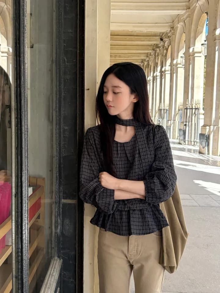 chic 한 부서 가을 레트로 부드러운 품격 퍼프 셔츠 허리 수축 레이스업 거품 소매 체크무늬 셔츠 맨위 상세 이미지 19