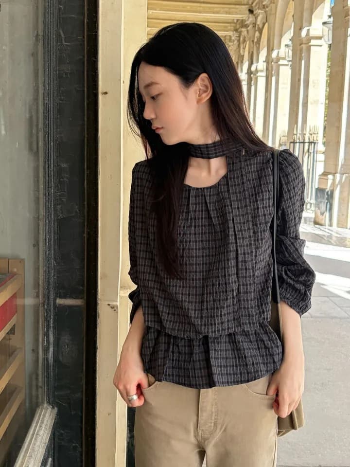 chic 한 부서 가을 레트로 부드러운 품격 퍼프 셔츠 허리 수축 레이스업 거품 소매 체크무늬 셔츠 맨위 상세 이미지 20