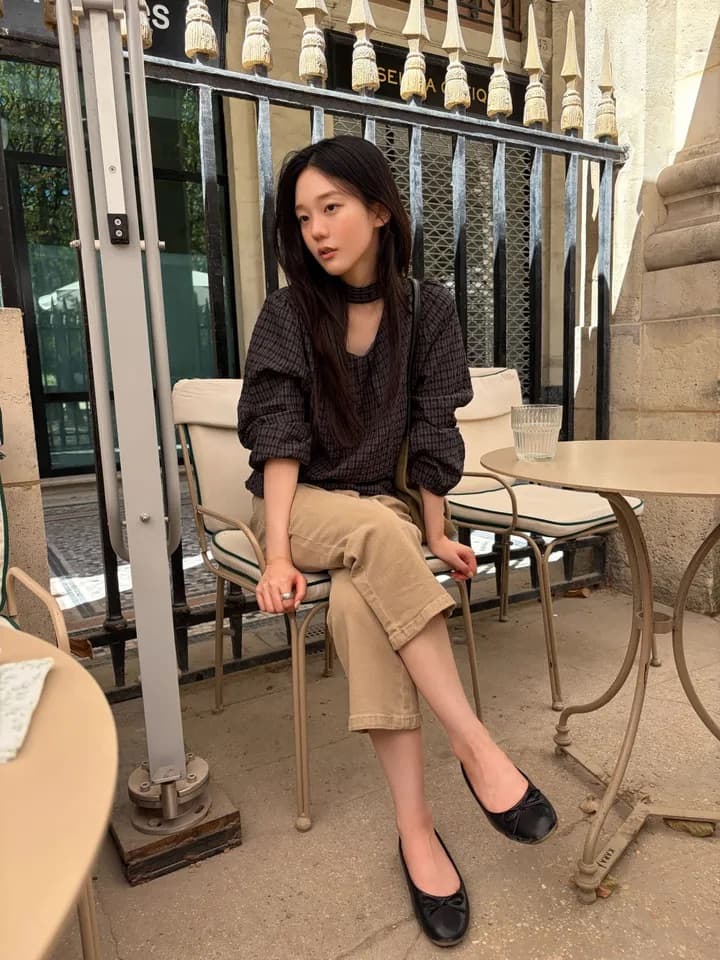 chic 한 부서 가을 레트로 부드러운 품격 퍼프 셔츠 허리 수축 레이스업 거품 소매 체크무늬 셔츠 맨위 상세 이미지 22