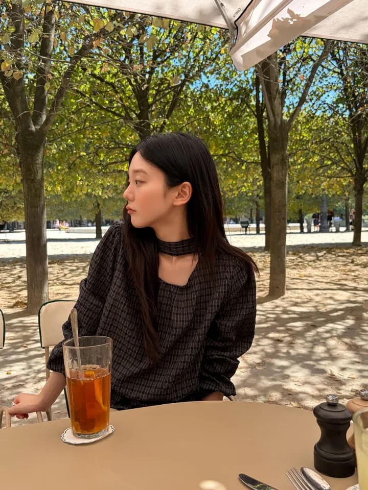 chic 한 부서 가을 레트로 부드러운 품격 퍼프 셔츠 허리 수축 레이스업 거품 소매 체크무늬 셔츠 맨위 상세 이미지 24