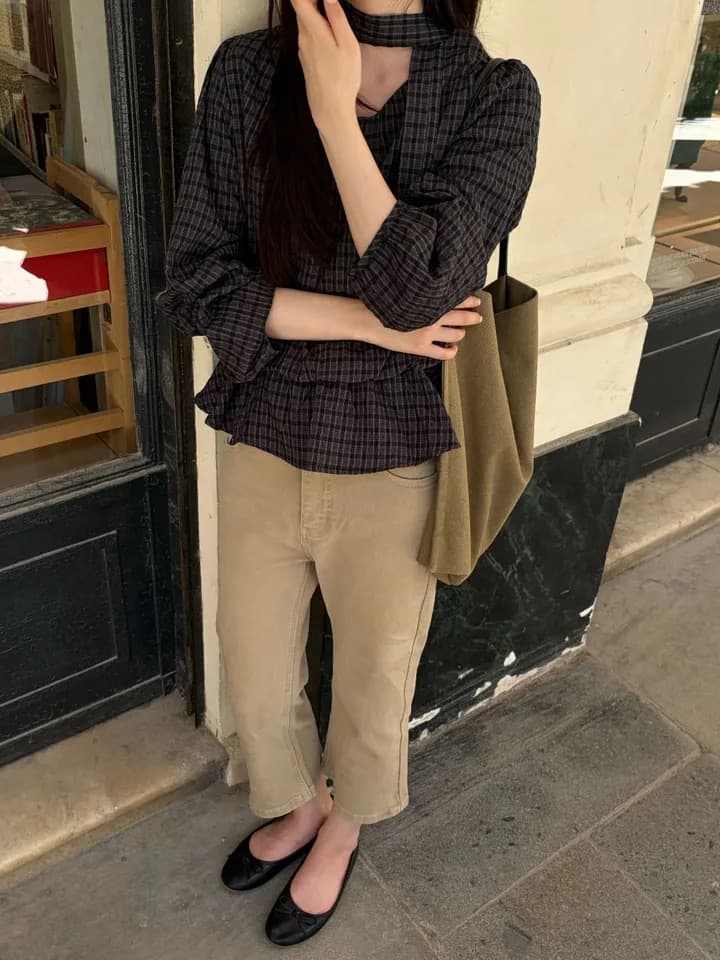 chic 한 부서 가을 레트로 부드러운 품격 퍼프 셔츠 허리 수축 레이스업 거품 소매 체크무늬 셔츠 맨위 상세 이미지 26
