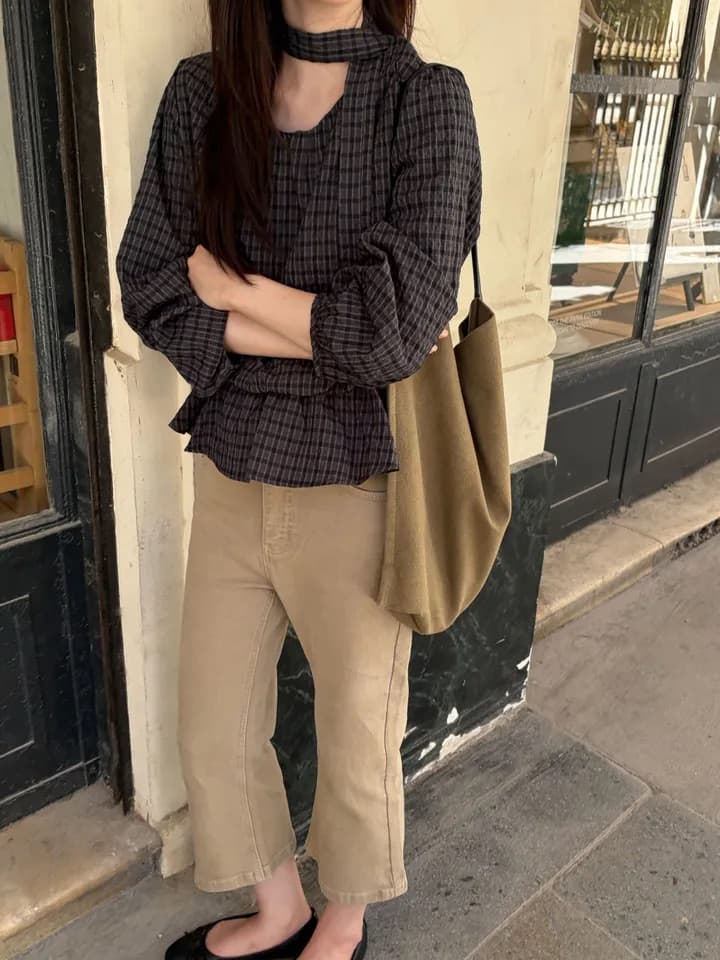 chic 한 부서 가을 레트로 부드러운 품격 퍼프 셔츠 허리 수축 레이스업 거품 소매 체크무늬 셔츠 맨위 상세 이미지 27