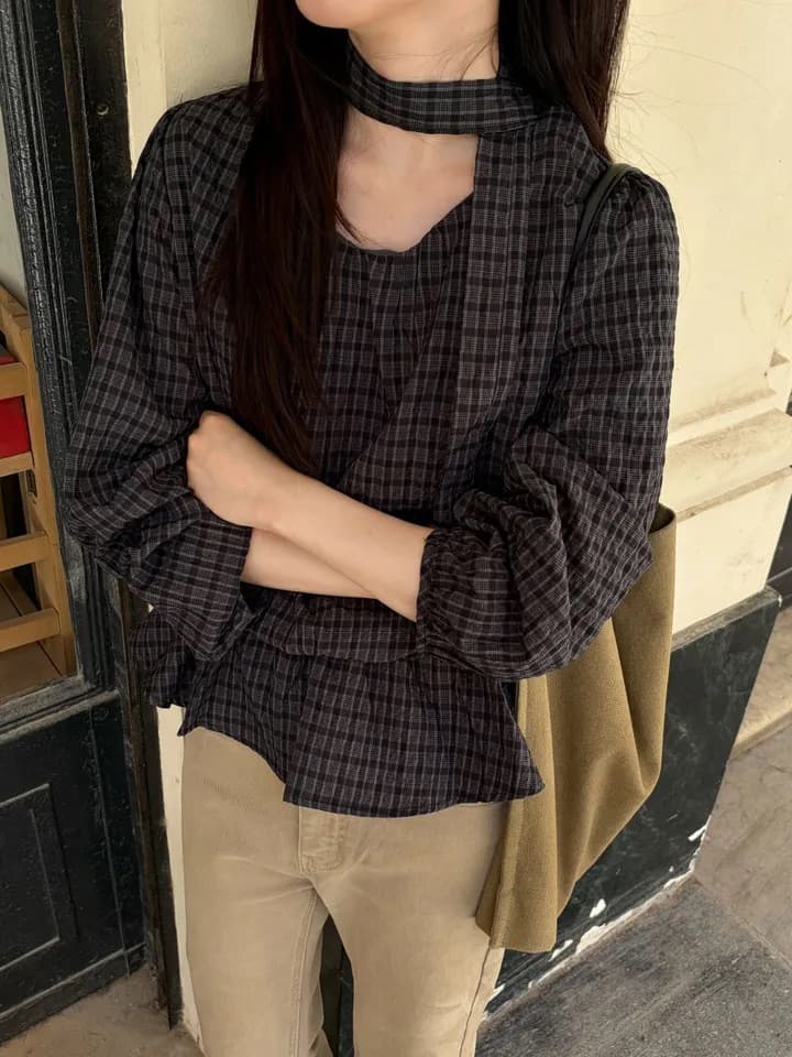 chic 한 부서 가을 레트로 부드러운 품격 퍼프 셔츠 허리 수축 레이스업 거품 소매 체크무늬 셔츠 맨위 상세 이미지 29