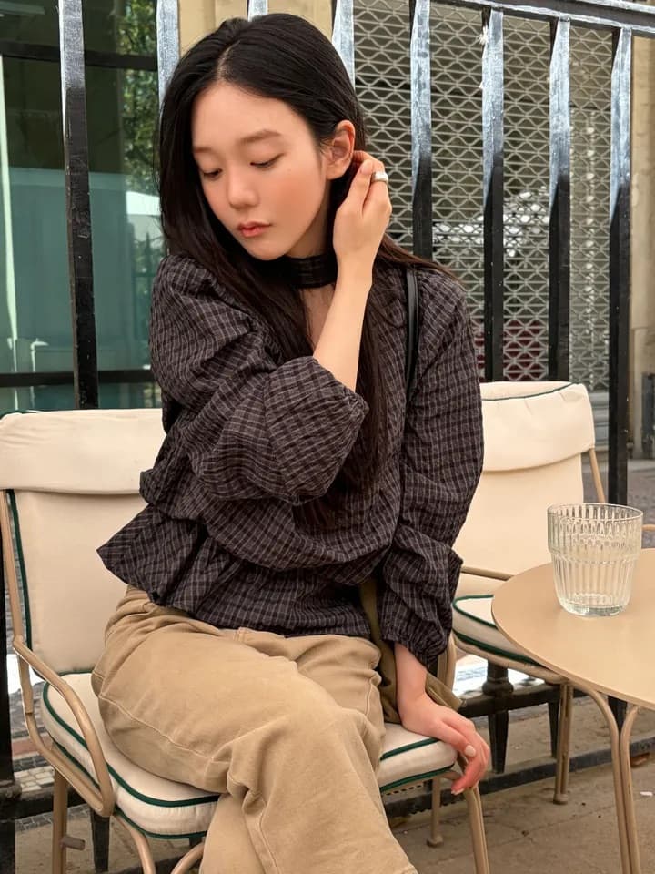 chic 한 부서 가을 레트로 부드러운 품격 퍼프 셔츠 허리 수축 레이스업 거품 소매 체크무늬 셔츠 맨위 상세 이미지 31