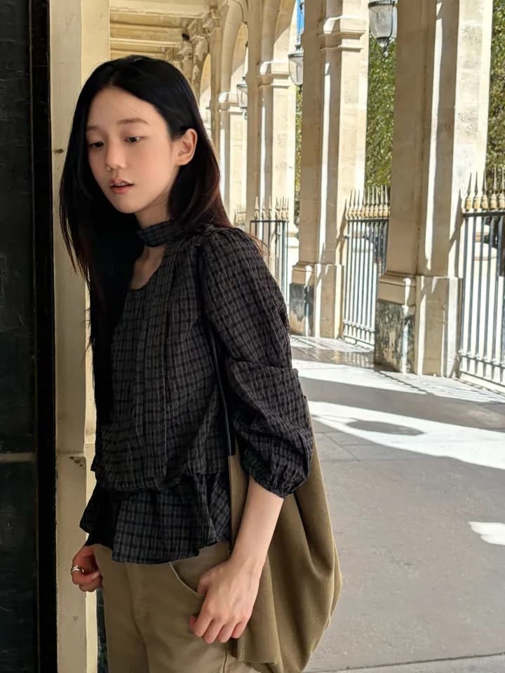 chic 한 부서 가을 레트로 부드러운 품격 퍼프 셔츠 허리 수축 레이스업 거품 소매 체크무늬 셔츠 맨위 상세 이미지 32