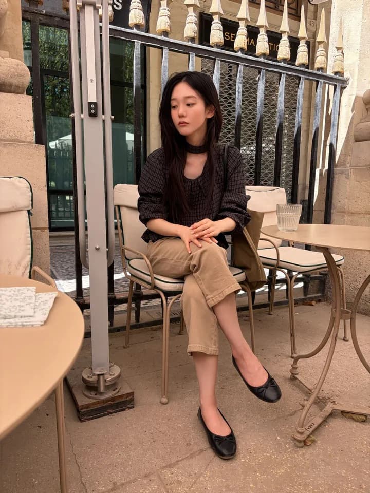 chic 한 부서 가을 레트로 부드러운 품격 퍼프 셔츠 허리 수축 레이스업 거품 소매 체크무늬 셔츠 맨위 상세 이미지 33