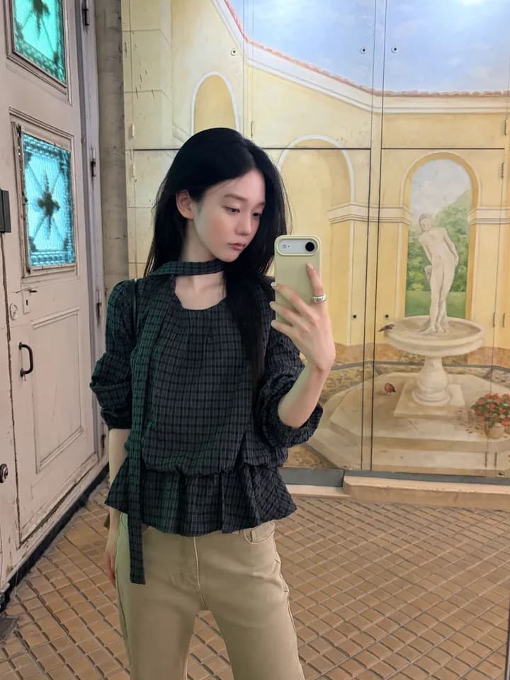 chic 한 부서 가을 레트로 부드러운 품격 퍼프 셔츠 허리 수축 레이스업 거품 소매 체크무늬 셔츠 맨위 상세 이미지 35