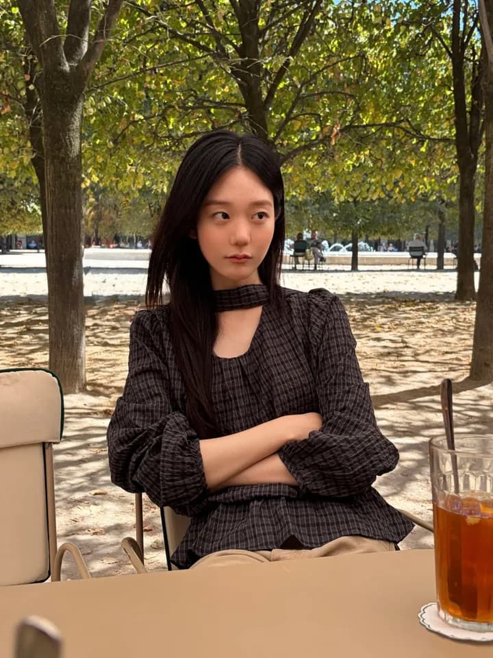 chic 한 부서 가을 레트로 부드러운 품격 퍼프 셔츠 허리 수축 레이스업 거품 소매 체크무늬 셔츠 맨위 상세 이미지 36