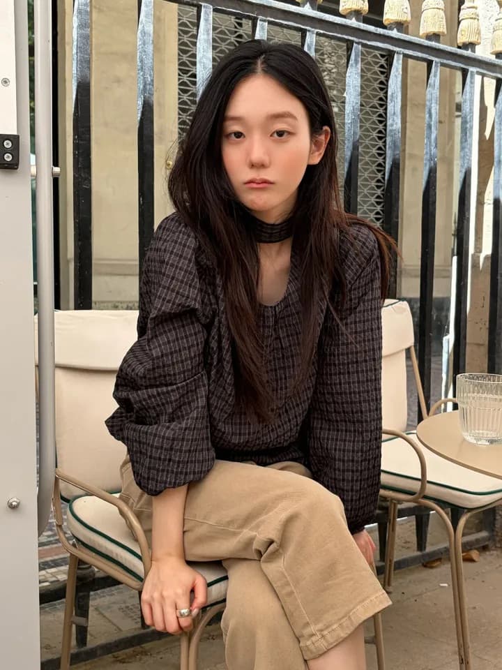 chic 한 부서 가을 레트로 부드러운 품격 퍼프 셔츠 허리 수축 레이스업 거품 소매 체크무늬 셔츠 맨위 상세 이미지 37