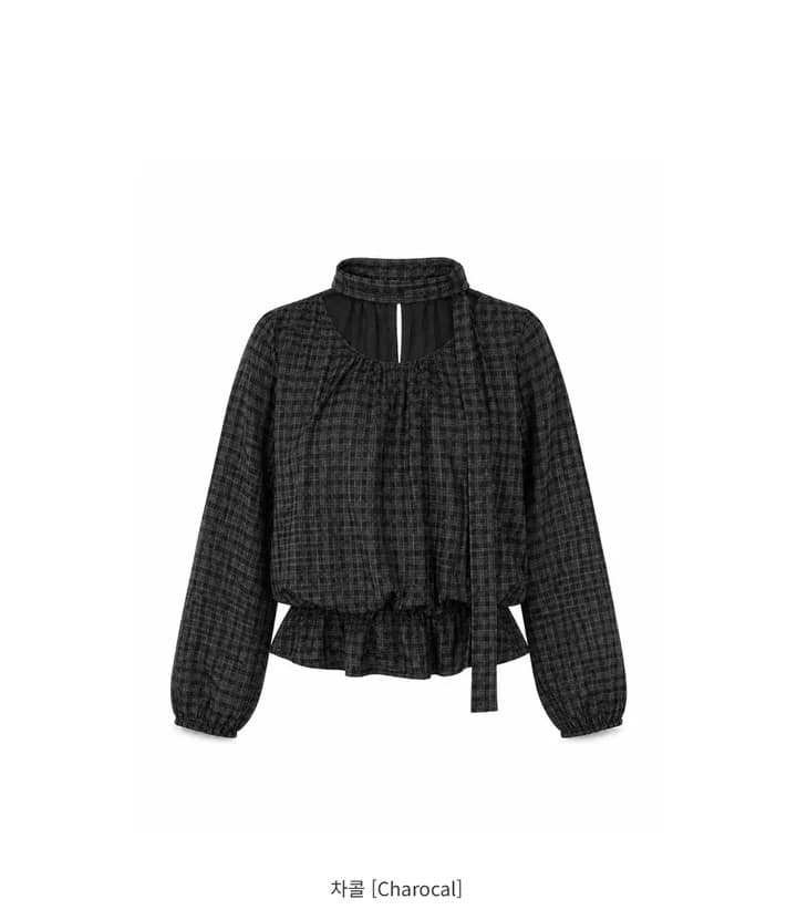 chic 한 부서 가을 레트로 부드러운 품격 퍼프 셔츠 허리 수축 레이스업 거품 소매 체크무늬 셔츠 맨위 상세 이미지 38