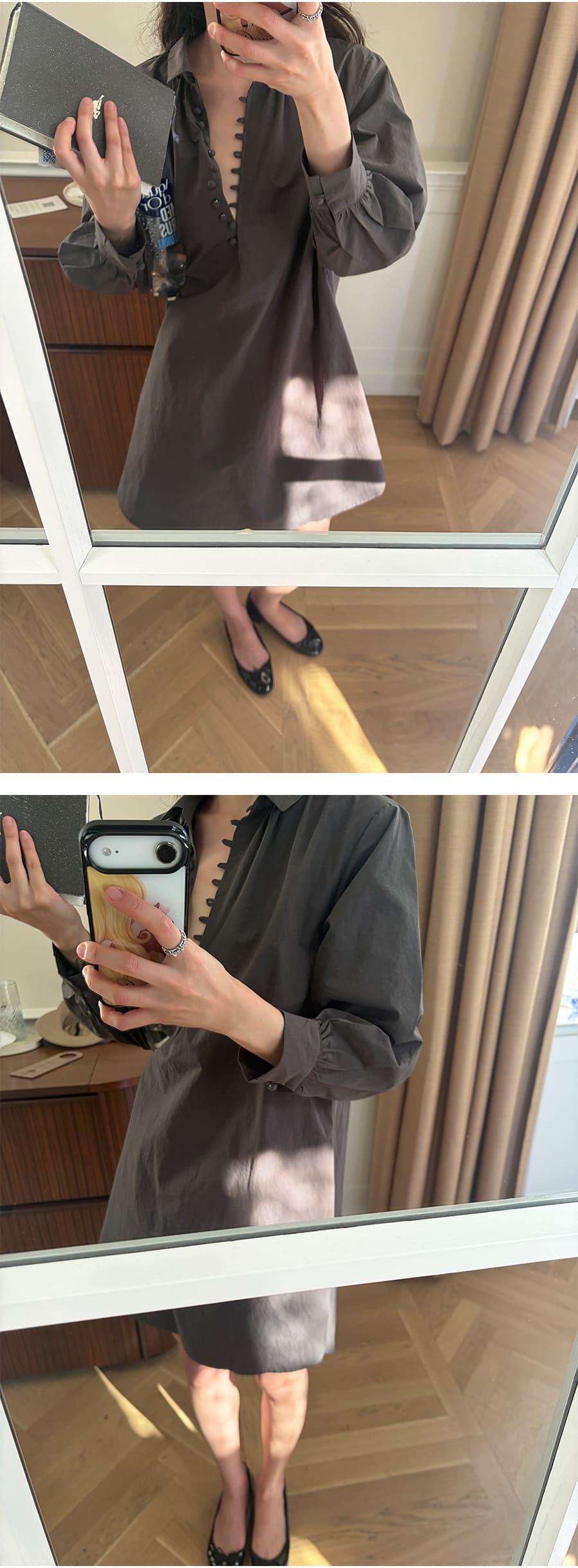 ins 한 부서 가을 프랑스식 품격 작은 대중 레트로 패키지 버클 V넥 레이스업 허리 수축 셔츠 드레스 드레스 상세 이미지 5