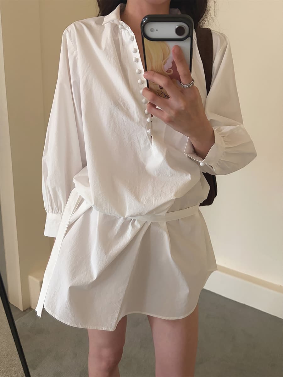 ins 한 부서 가을 프랑스식 품격 작은 대중 레트로 패키지 버클 V넥 레이스업 허리 수축 셔츠 드레스 드레스 상세 이미지 19