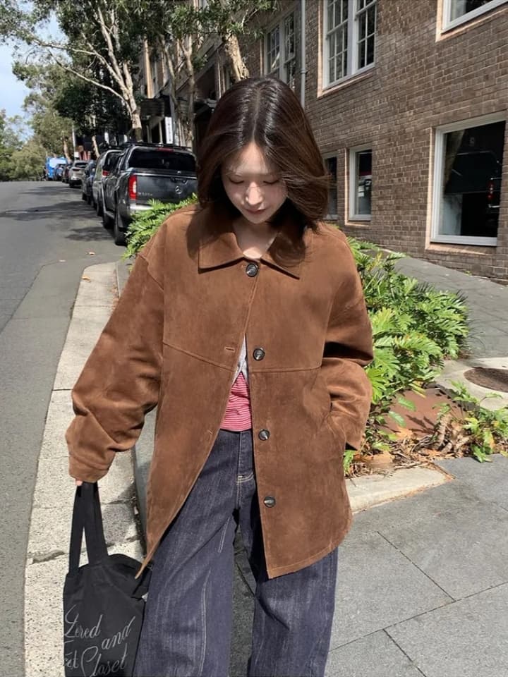 ins 한국 스타일 가을 겨울 레트로 아름다움 라드. 폴로 칼라 싱글 줄 버튼 영국식 품격 캐주얼 스웨이드 원단 재킷 재킷 상세 이미지 1