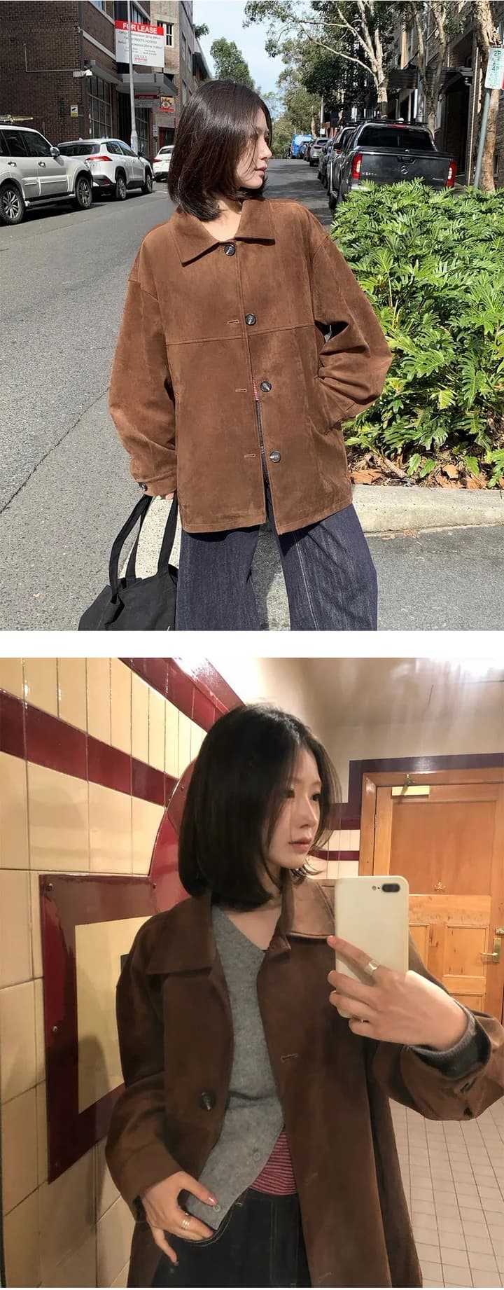 ins 한국 스타일 가을 겨울 레트로 아름다움 라드. 폴로 칼라 싱글 줄 버튼 영국식 품격 캐주얼 스웨이드 원단 재킷 재킷 상세 이미지 3