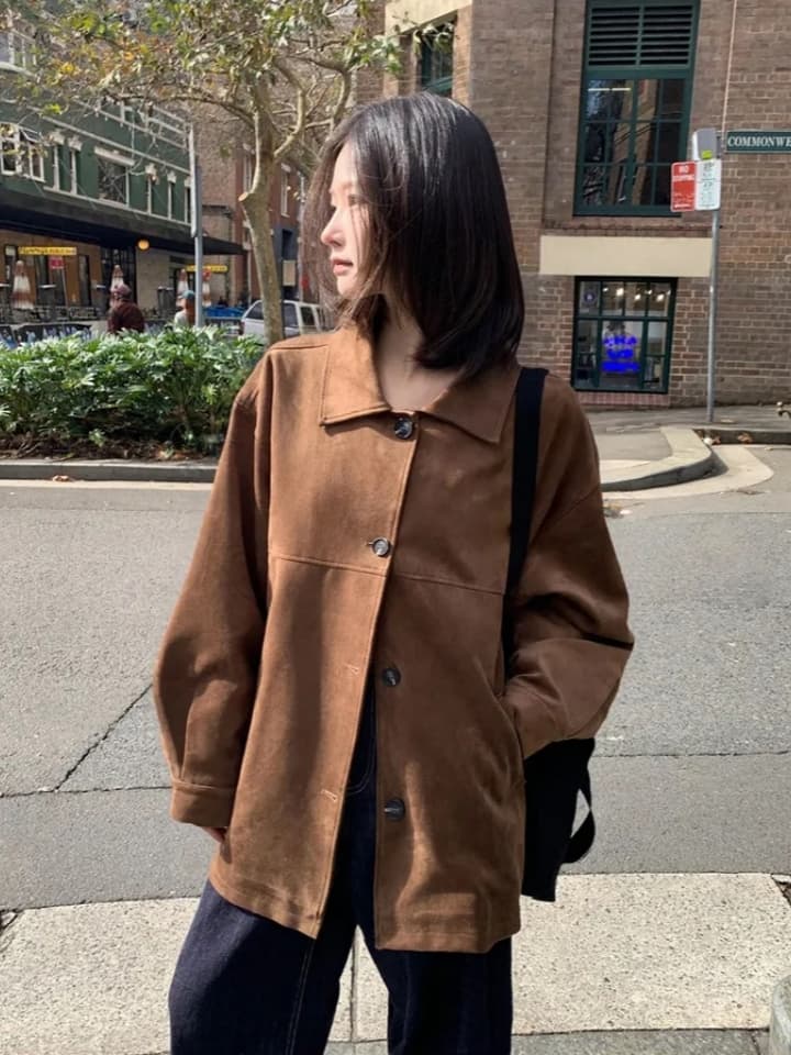 ins 한국 스타일 가을 겨울 레트로 아름다움 라드. 폴로 칼라 싱글 줄 버튼 영국식 품격 캐주얼 스웨이드 원단 재킷 재킷 상세 이미지 7