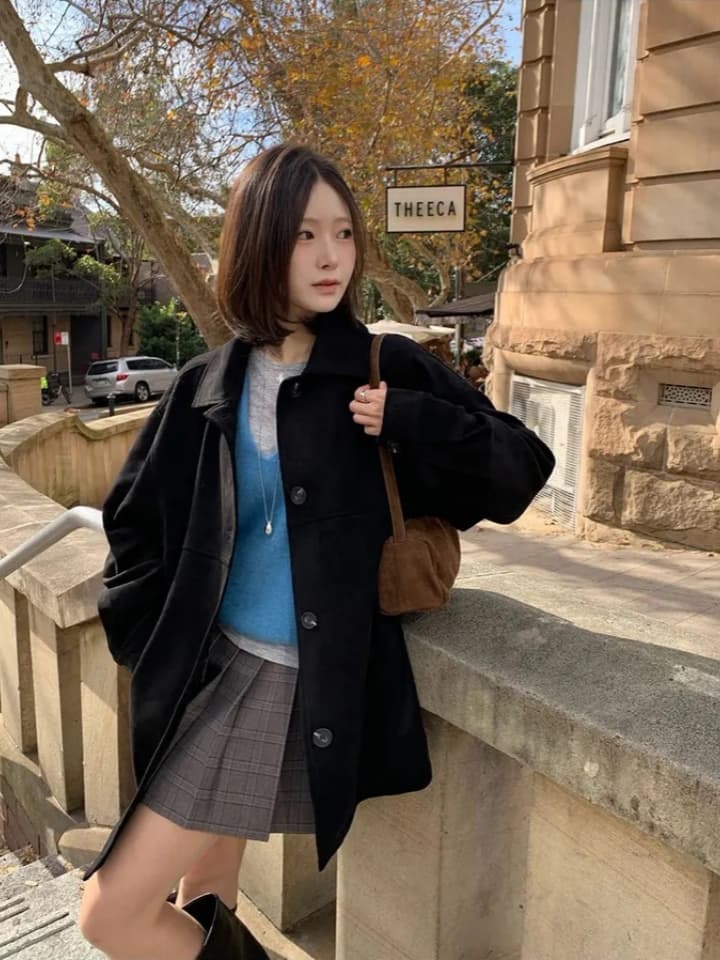 ins 한국 스타일 가을 겨울 레트로 아름다움 라드. 폴로 칼라 싱글 줄 버튼 영국식 품격 캐주얼 스웨이드 원단 재킷 재킷 상세 이미지 9