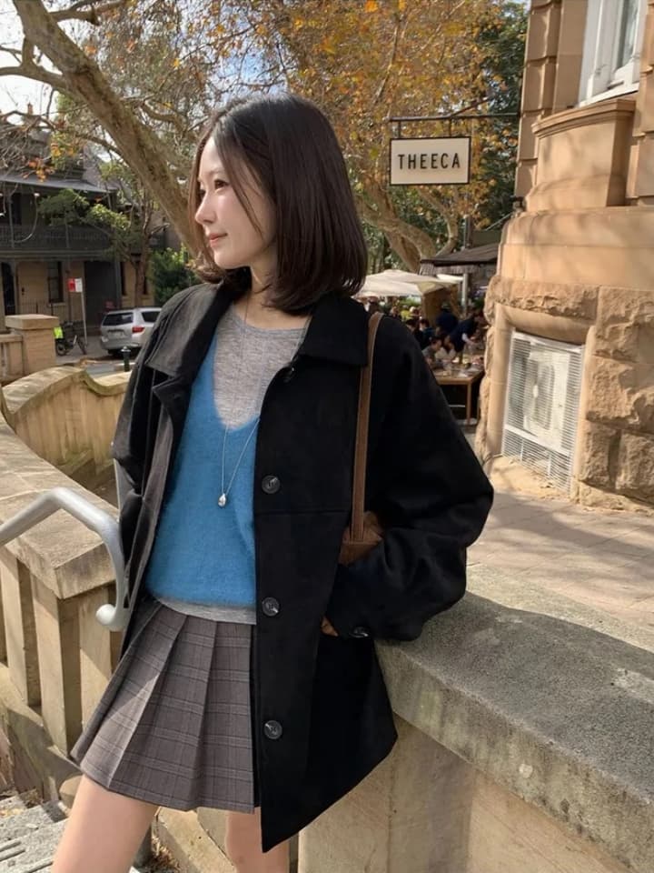 ins 한국 스타일 가을 겨울 레트로 아름다움 라드. 폴로 칼라 싱글 줄 버튼 영국식 품격 캐주얼 스웨이드 원단 재킷 재킷 상세 이미지 10