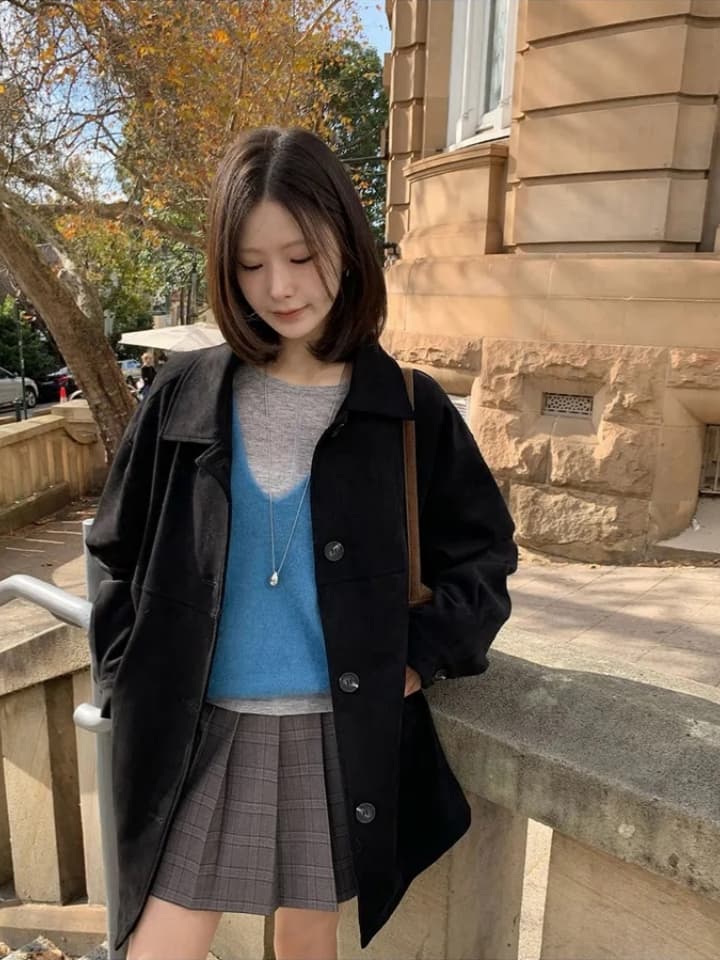 ins 한국 스타일 가을 겨울 레트로 아름다움 라드. 폴로 칼라 싱글 줄 버튼 영국식 품격 캐주얼 스웨이드 원단 재킷 재킷 상세 이미지 11