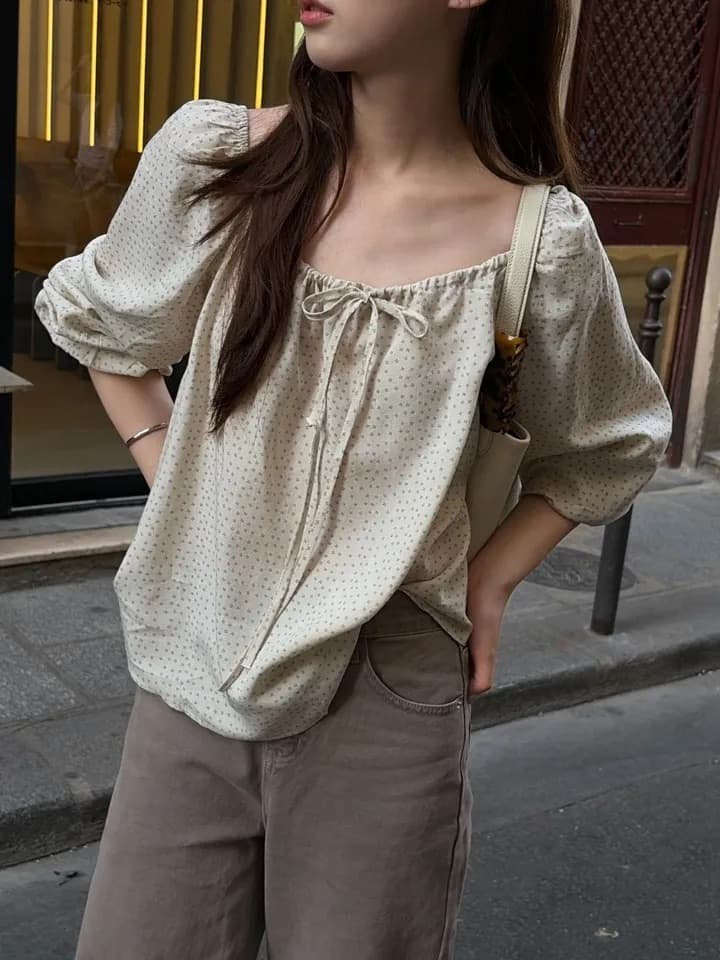 chic 한 부서 가을 부드러운 달콤함 연령 감소 꽃무늬 광장 칼라 끈 연꽃 잎 소매 캐주얼 다용도 셔츠 맨위 상세 이미지 1