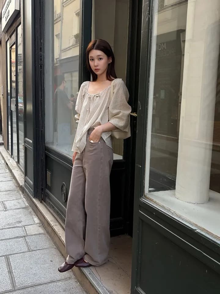 chic 한 부서 가을 부드러운 달콤함 연령 감소 꽃무늬 광장 칼라 끈 연꽃 잎 소매 캐주얼 다용도 셔츠 맨위 상세 이미지 3