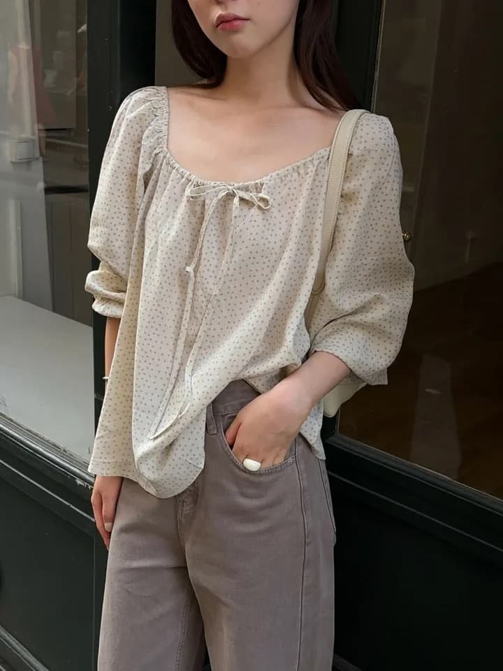 chic 한 부서 가을 부드러운 달콤함 연령 감소 꽃무늬 광장 칼라 끈 연꽃 잎 소매 캐주얼 다용도 셔츠 맨위 상세 이미지 4